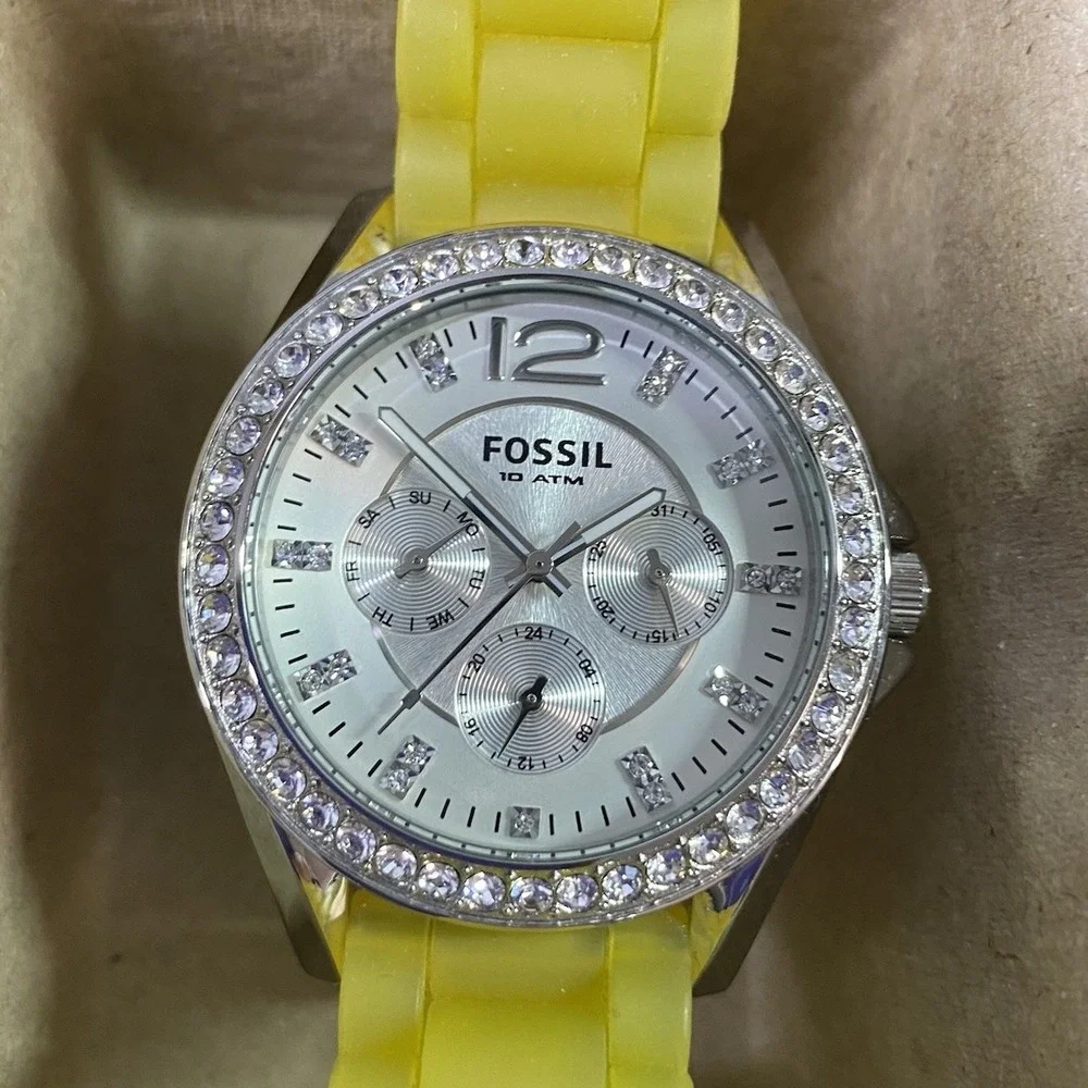 Fossil Womens ES2525 Watch Yellow Silicone Strap Glitz Bezel Face Dazzle EUC